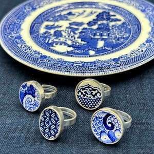 Broken China Jewelry Blue Willow China Rings handmade with Upcycled Porcelain & Sterling Silver, Vintage Chinoiserie Statement Ring Gift