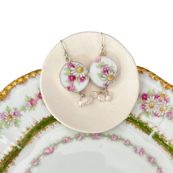 Sweet Daisy Floral China Earrings handmade with Upcycled French Limoges China & Fine Pearl Clusters, Broken China Jewelry Birthday Gift