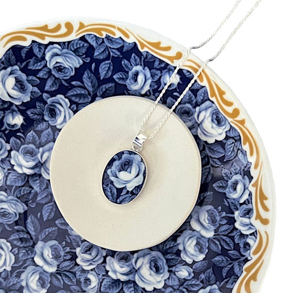 Elegant Blue Rose Statement Porcelain Necklace handmade with Repurposed China, Broken China Jewelry Gift for Women