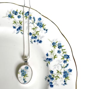 Romantic Forget Me Not China Necklace, Dainty Blue Floral Broken China Jewelry, Thoughtful 9th 18th or 20th Anniversary Gift for Wife