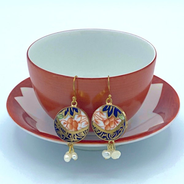 Vintage Royal Crown Derby Imari porseleinen oorbellen handgemaakt met hergebruikt China, unieke eclectische sieraden cadeau voor haar met elegante stijl