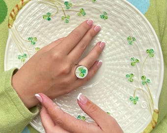 Belleek Shamrock Broken China Jewelry Ring handmade with Irish Porcelain & Sterling Silver, Four Leaf Clover Jewelry Birthday Gift for Her