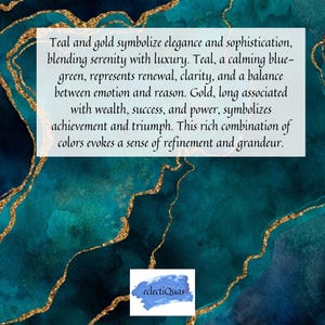 K&ouml;nnte beinhalten: Ein tealfarbener und goldener Marmorhintergrund mit einem Zitat &uuml;ber die Farben, die Eleganz und Raffinesse symbolisieren. Das Zitat lautet: "Teal und Gold symbolisieren Eleganz und Raffinesse und verbinden Gelassenheit mit Luxus. Teal, ein beruhigendes Blau-Gr&uuml;n, steht f&uuml;r Erneuerung, Klarheit und ein Gleichgewicht zwischen Emotion und Vernunft. Gold, das seit langem mit Reichtum, Erfolg und Macht verbunden ist, symbolisiert Leistung und Triumph. Diese reiche Farbkombination vermittelt ein Gef&uuml;hl von Raffinesse und Gr&ouml;&szlig;e."