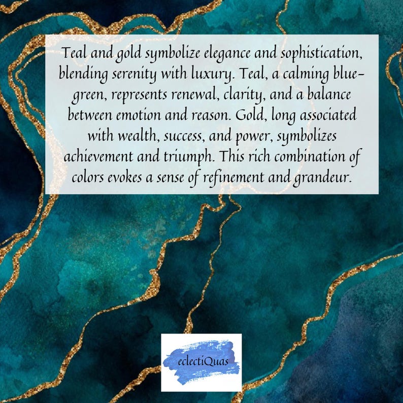 K&ouml;nnte beinhalten: Ein tealfarbener und goldener Marmorhintergrund mit einem Zitat &uuml;ber die Farben, die Eleganz und Raffinesse symbolisieren. Das Zitat lautet: "Teal und Gold symbolisieren Eleganz und Raffinesse und verbinden Gelassenheit mit Luxus. Teal, ein beruhigendes Blau-Gr&uuml;n, steht f&uuml;r Erneuerung, Klarheit und ein Gleichgewicht zwischen Emotion und Vernunft. Gold, das seit langem mit Reichtum, Erfolg und Macht verbunden ist, symbolisiert Leistung und Triumph. Diese reiche Farbkombination vermittelt ein Gef&uuml;hl von Raffinesse und Gr&ouml;&szlig;e."