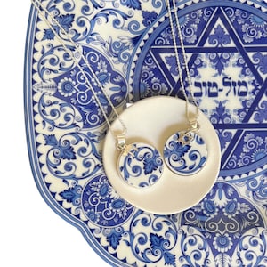 Jewish Star of David and Chai Necklaces handmade with Upcycled Porcelain, Magen David Judaica Jewelry Gift for Her Bat Mitzvah or Hanukkah