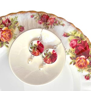 Royal Albert Old Country Roses China Earrings handmade with Sterling Silver, Unique OCR Broken China Jewelry Birthday Gift for Wife