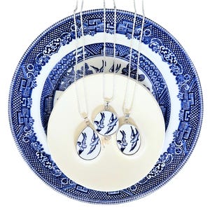 Vintage Love Birds Necklaces handmade with Upcycled Blue Willow China, Thoughtful Broken China Jewelry 18th 20th Anniversary Gift for Wife