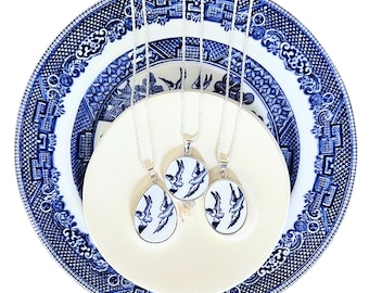 Vintage Love Birds Necklaces handmade with Upcycled Blue Willow China, Thoughtful Broken China Jewelry 18th 20th Anniversary Gift for Wife