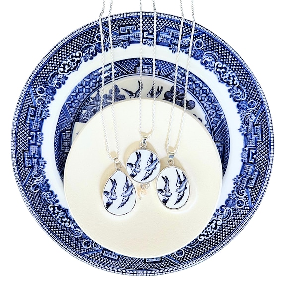 Vintage Love Birds Necklaces handmade with Upcycled Blue Willow China, Thoughtful Broken China Jewelry 18th 20th Anniversary Gift for Wife