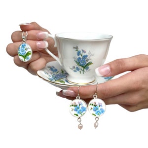 Royal Albert Forget Me Not Fine Bone China Tea Cup and Saucer & Matching Broken China Jewelry, Meaningful Mothers Day Gift for Mom Grandma