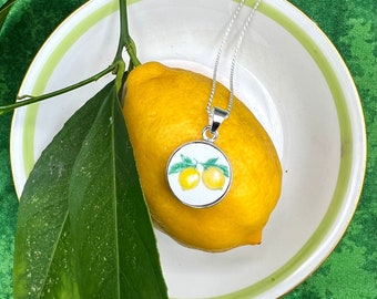 Lemon Necklace with Citrus Fruit China Pendant handmade with Repurposed China & Sterling Silver, Broken China Jewelry Gift for Lemon Lovers