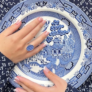 Churchill Blue Willow China Ring handmade with Sterling Silver & Vintage Blue and White Chinoiserie China, Unique 18th 20th Anniversary Gift