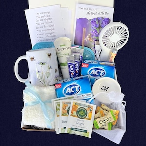 Puede incluir: Una cesta de regalo llena de art&iacute;culos de cuidado personal. Incluye una taza con abejas y flores, loci&oacute;n Aveeno, pastillas para la boca seca ACT, t&eacute; de jengibre, un ventilador peque&ntilde;o y un platillo peque&ntilde;o con la letra "M".
