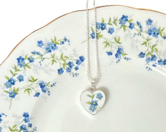 Valentine Forget Me Not Heart China Necklace handmade with Upcycled Porcelain Blue Flower Pendant, Vintage Broken China Jewelry Gift for Her