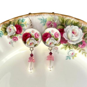 Royal Albert Celebration China Earrings handmade with Upcycled Porcelain, Romantic Rose Coquette Jewelry, Birthday Broken China Gift for Her