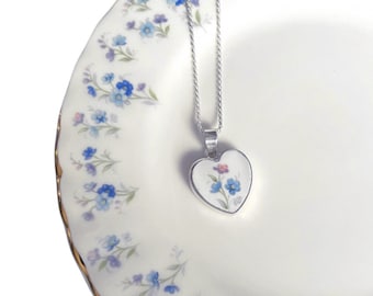 Forget Me Not Heart China Necklace handmade with Upcycled Royal Albert China & Sterling Silver, Vintage Broken China Jewelry Gift for Women