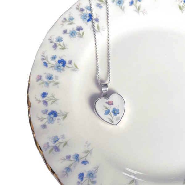 Forget Me Not Heart China Necklace handmade with Upcycled Royal Albert China & Sterling Silver, Vintage Broken China Jewelry Gift for Women