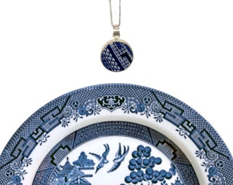 Simple Blue Willow China Necklace handmade with Blue Transferware China & Sterling Silver, Vintage Chinoiserie Jewelry Gift for Her Birthday