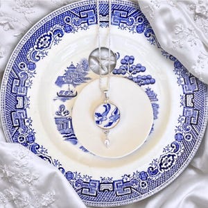 Romantic Love Birds Necklace Gift for Her 20th Anniversary, Broken China Jewelry handmade with Vintage Blue Willow China & Sterling Silver