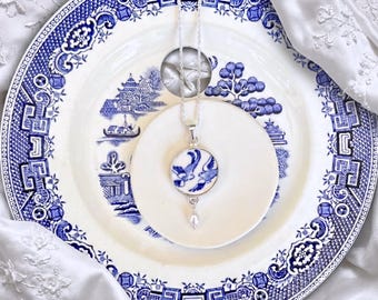 Romantic Love Birds Necklace Gift for Her 20th Anniversary, Broken China Jewelry handmade with Vintage Blue Willow China & Sterling Silver