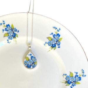 Dainty Forget Me Not China Necklace handmade with Upcycled Porcelain, Broken China Jewelry Gift for Her 9th 18th 20th Wedding Anniversary