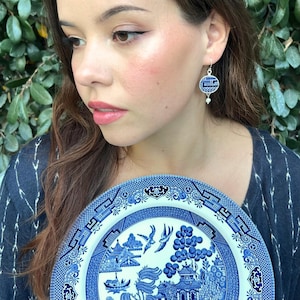 Blue Willow China Chinoiserie Earrings handmade with Sterling Silver, Broken China Jewelry 9th Pottery Willow Anniversary Gift for Wife