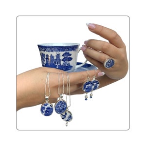 Blue Willow Broken China Jewelry & Matching Collectible Tea Cup and Saucer Set, Unique Vintage Chinoiserie China Gift Ideas for Her