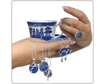 Blue Willow Broken China Jewelry & Matching Collectible Teacup and Saucer Set, Unique Vintage Chinoiserie China Gift Ideas for Mothers Day