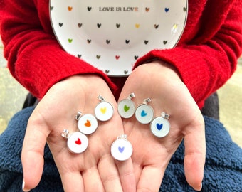 Dainty Rainbow Heart Necklaces handmade from an Upcycled Love is Love China Plate, Gay Pride Jewelry Queer LGBTQIA Lesbian Girlfriend Gift