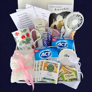Puede incluir: Una cesta de regalo llena de art&iacute;culos de cuidado personal. Incluye una taza decorada con fresas, un peque&ntilde;o ventilador blanco, pastillas, t&eacute;, un pa&ntilde;o con una cinta rosa y peque&ntilde;os productos para el cuidado de la piel.