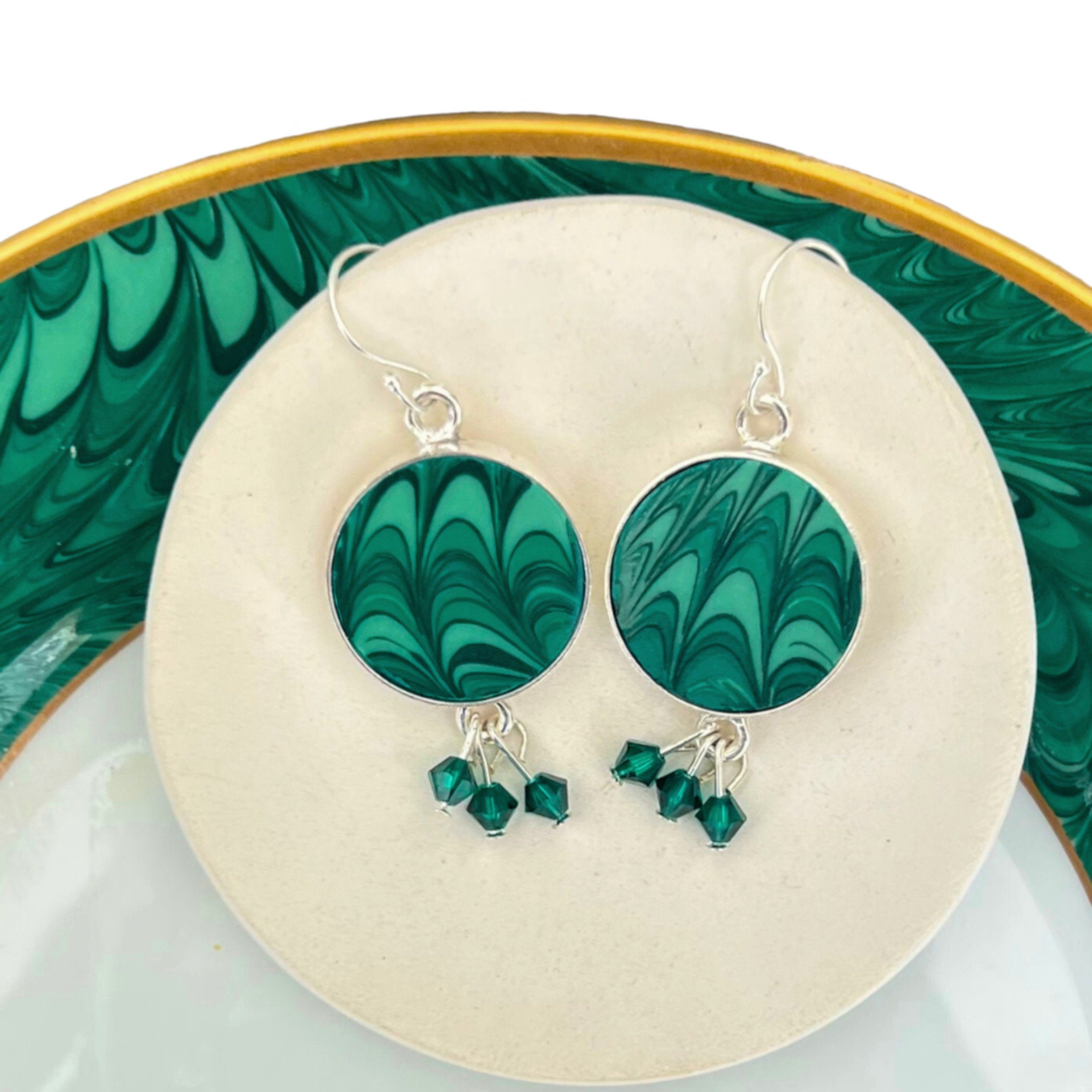 Unique Green Emerald Art Deco Marble Porcelain Earrings handmade with Green Marble China, Elegant Broken China Jewelry Gift For Her Birthday