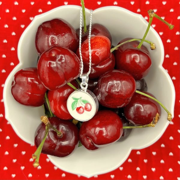 Red Cherry Pendant Necklace handmade with Repurposed China & Sterling Silver, Fun Summer Fruit Broken China Jewelry Pendant Gift for Women