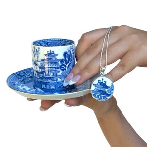 Antique Crown Staffordshire Blue Willow China Demitasse Cup & Saucer Set, Vintage Pagoda Chinoiserie Jewelry, Thoughtful Anniversary Gift