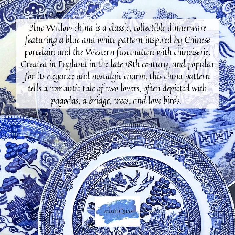 Close up of blue and white china plates with various Blue willow china patterns. The text reads: 'Blue Willow china is a classic, collectible dinnerware featuring a blue and white pattern inspired by Chinese porcelain and the Western fascination with chinoiserie. Created in England in the late 18th century, and popular for its elegance and nostalgic charm, this china pattern tells a romantic tale of two lovers, often depicted with pagodas, a bridge, trees, and love birds.'