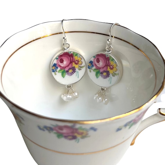 Vintage Rose Floral China Earrings Upcycled From an English