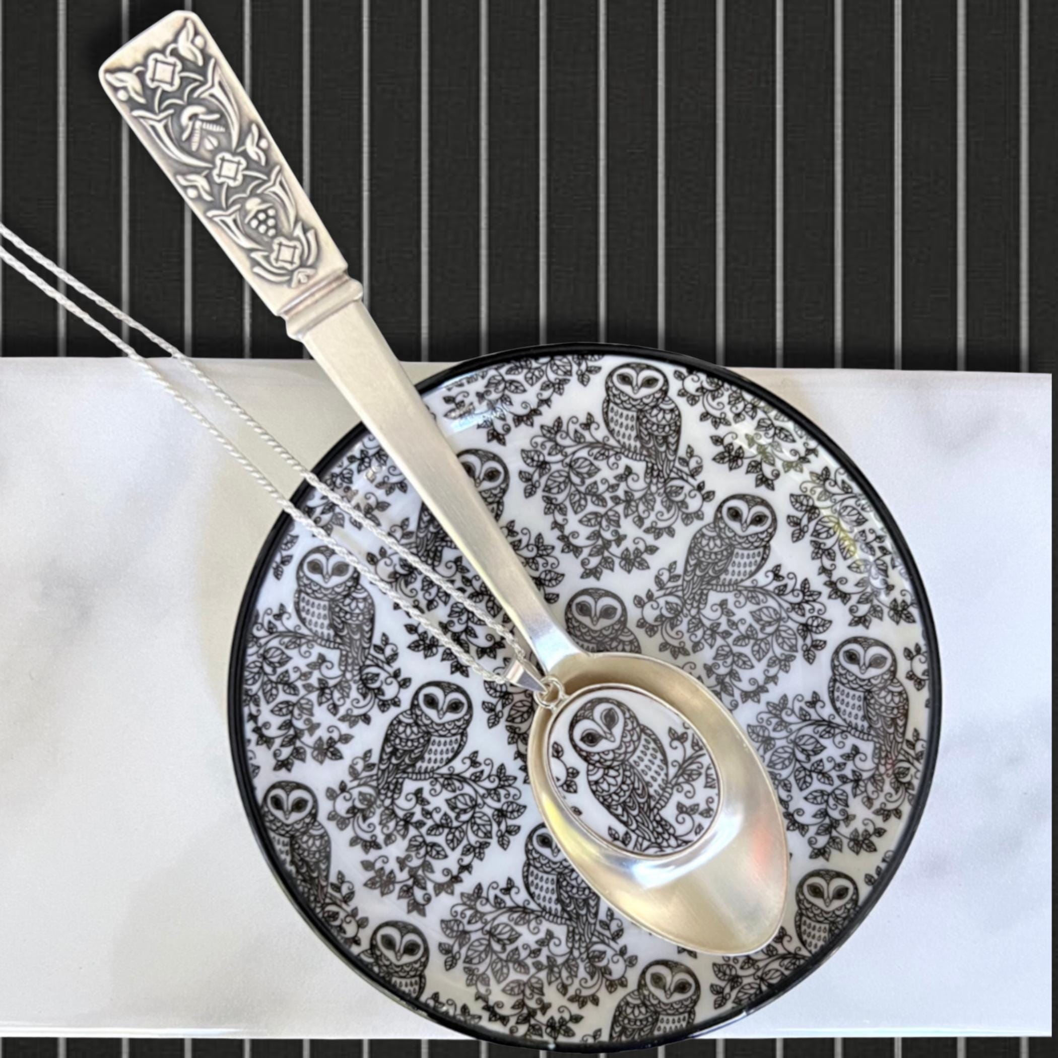 Sterling Silver Owl Necklace handmade with Upcycled Porcelain, Outdoorsy China Jewelry, Meaningful B