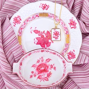 Dainty Raspberry Herend Chinese Bouquet Porcelain Necklace, 18th Anniversary Wife Gift, Broken China Jewelry & Ring Trinket Dish