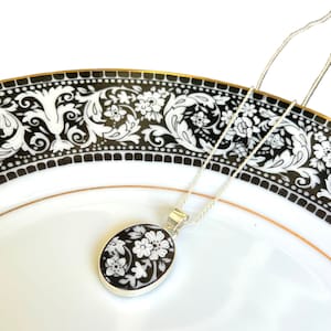 Upcycled Floral Statement China Necklace handmade with Sterling Silver, Versatile Black & White Broken China Jewelry Gift for Her--LAST ONE!