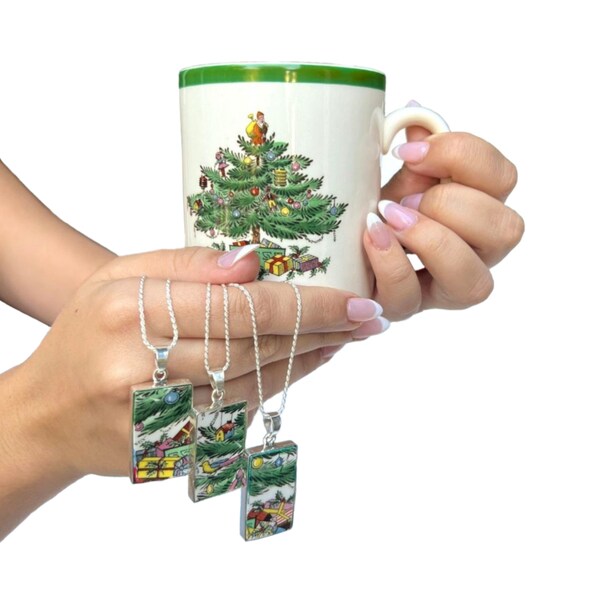 Spode Christmas Tree Broken China Jewelry Necklaces & Matching China Mug for Coffee and Tea, Vintage China Gift for Her Favorite Holiday