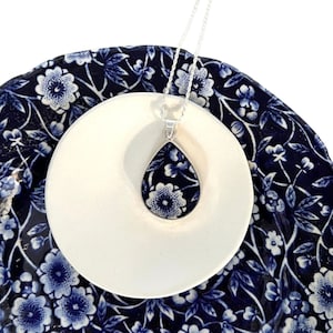 Staffordshire Blue Calico China Necklace with Unique Teardrop Porcelain Statement Pendant, Blue and White Broken China Jewelry Gift for Wife