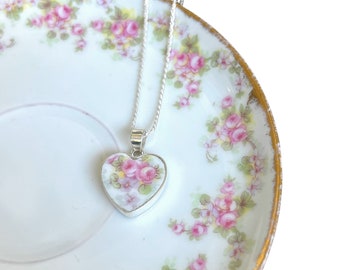 Dainty Heart China Necklace handmade with Upcycled French Limoges Porcelain & Sterling Silver, Vintage Broken China Jewelry with Pink Roses