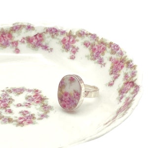 Elegant French Limoges Porcelain Pink Rose Adjustable Ring, Romantic Broken China Jewelry Gift for Her Wedding Anniversary, Bijoux Ceramique