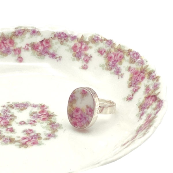 Elegante Franse Limoges porselein roze roos verstelbare ring, romantisch gebroken China sieraden cadeau voor haar huwelijksverjaardag, Bijoux Ceramique