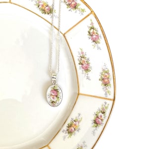 French Limoges China Necklace handmade from an Upcycled China Plate & Sterling Silver, Elegant Rose Floral Broken China Jewelry Gift for Her