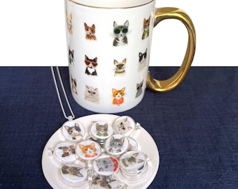 Cute Cat Necklaces handmade with Upcycled Porcelain, Cat Portrait Pendant Gift for Cat Lovers and Best Cat Mom Ever, New Cat Mama Jewelry