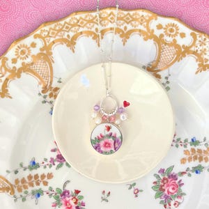 RARE Antique Floral China Necklace with Dainty Charms & Sterling Silver, One of a Kind Romantic China Jewelry 20th Anniversary Gift for Wife