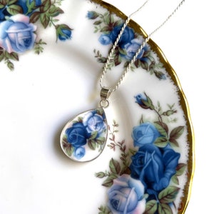 Rare Royal Albert Moonlight Rose China Necklace with Teardrop Shaped Broken China Pendant, Broken China Jewelry for 20 Year Anniversary Gift