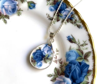 Rare Royal Albert Moonlight Rose China Necklace with Teardrop Shaped Broken China Pendant, Broken China Jewelry for 20 Year Anniversary Gift