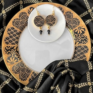 Upcycled Porcelain Earrings handmade with Japanese Wave Seigaiha Pattern, Artisan Modern Luxe Black and Gold Porcelain Jewelry Gift for Her