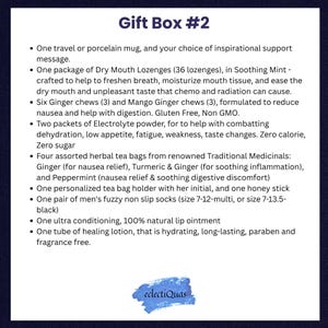 Peut inclure: Coffret cadeau n&deg;2 comprenant une tasse de voyage, des pastilles pour la bouche s&egrave;che, des bonbons au gingembre, de la poudre d'&eacute;lectrolyte, des sachets de th&eacute;, un porte-sachet de th&eacute;, un b&acirc;ton de miel, des chaussettes, un baume &agrave; l&egrave;vres et une lotion.